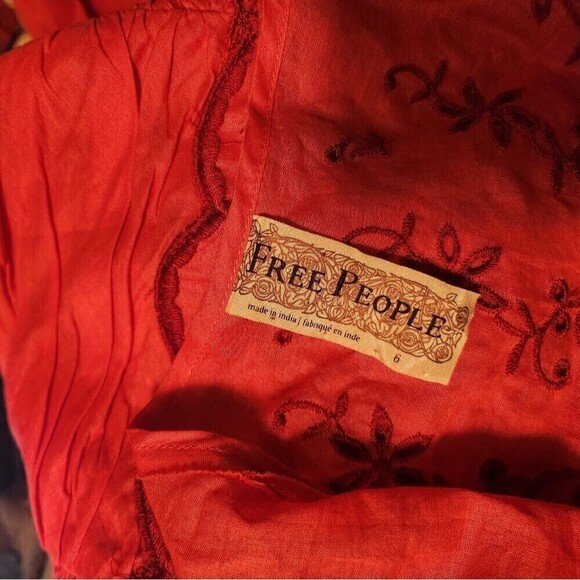 Free people women's red embroidered bodice ruched waist mini fit & flare dress 6 - Picture 9 of 10